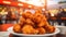 fried chicken on white dish with blur festive background. generative AI