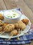 Fried cornmeal-crusted chicken bites with yogurt herb dressing