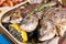 Fried dorado close up. Sea bream fish with lemon and rosemary on metallic tray. Roasted on grill coals dorado on plate