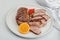 Fried duck breast with fresh orange and ginger, ready to eat food. Domestic cuisine, poultry meat