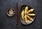 Fried dumplings Gyoza in plate, soy sauce, and chopsticks