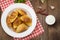 Fried dumplings. Wooden background. Top view