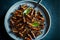 Fried edible insects on a plate. Crickets as snack, good source of protein. Entomophagy, insectivory concept. Generative