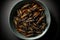 Fried edible insects on a plate. Crickets as snack, good source of protein. Entomophagy, insectivory concept. Generative