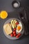 Fried egg, avocado, tomato for healthy breakfast
