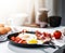 Fried egg with bacon and herbs in a frying pan on a white background with tomatoes and spicy close-up. Generated AI. The concept