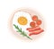 Fried egg, bacon slices, cherry tomatoes and arugula on plate for breakfast or lunch. Traditional British food. Colored