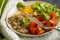 Fried egg, buckwheat, portion protein breakfast  healthy tomato green lettuce lunch food