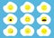 Fried egg icon emoji set. Funny kawaii cartoon characters. Emotion collection. Happy, surprised, smiling crying sad angry face hea