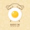 Fried egg and outline alarm clock on seamless background with linear food icons. Vector design for breakfast menu, cafe.