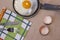 Fried egg on the pan, egg shells, dish towel, knife and fork, avocado