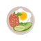 Fried egg, sliced cucumbers and sausage on a plate