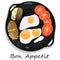 Fried egg, sliced tomato and baked potato. Vector illustration of food on cast iron pan and white background.