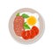 Fried egg, sliced tomato and sausage on a plate, isolated on a white background