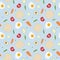 Fried egg, toast bread, tomatoe, cucumber, rocket salad, salmon and avocado seamless pattern. Vector hand drawn illustration.