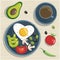 Fried egg with vegetables and coffee. Vector flat illustration of healthy breakfast. Fried egg, avocado, tomatoes, mushrooms and