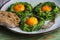 Fried egg in zucchini noodle nest, healthy breakfast, top view