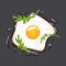 Fried eggs with arugula, isolated on grey background. Vector illustration.