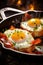 Fried Eggs and Bacon for Breakfast in Cast Iron Pan. AI generated Illustration
