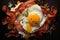 fried eggs with bacon and herbs, delicious breakfast, still life on a dark background