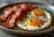 Fried eggs and bacon on plate. Tasty breakfast