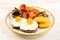 Fried eggs with bbq sausage and mushrooms. Breakfast concept