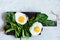 Fried eggs for breakfast with fresh spinach on rye bread toast. Hearty tasty breakfast on a blackboard