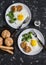 Fried eggs, broccoli, chicken meatballs, homemade whole wheat bread - tasty simple dinner