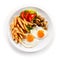 Fried eggs, French fries and vegetables
