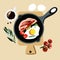 Fried eggs with fried bacon and fresh cherry tomatoes and a side dish of coriander, ready food in a pan on a wooden