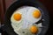 Fried eggs in a frying pan. Yellow yolks.