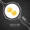 Fried eggs and hand drawn outline watercolor pan, fork and knife. White chalk drawing on black board background.