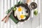 Fried eggs, sausage in iron pan -  Healthy food english breakfast. Colorblock