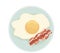 Fried eggs with a slice of fried bacon on a plate. scrambled eggs with one yolk. fried bacon. vector icon isolate. scrambled eggs