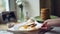 Fried eggs and slices of toast bread on white plate