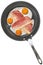 Fried Eggs with Smoked Pork Ham Rasher in Teflon Frying Pan Isolated