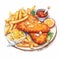 Fried fish and chips with tartar sauce. Hand drawn watercolor illustration