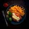 Fried fish with french fries and ketchup on a dark background
