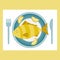 Fried fish and lemon on a plate. Fish dish top view. Yellow fish on blue plate, vector food