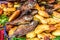 Fried fish & potatoes on streetside stall, Santiago Sacatepequez, Guatemala