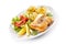 Fried fish with potatoes and vegetable salad