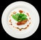 Fried foie gras with caramel and vegetables, isolated