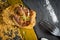 Fried Foie Gras with Mango Puree on Dark Stone Background