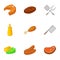 Fried food with kitchenware icons set