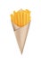 Fried French fries in cone paper cone bag, snack packaging, craft paper for street food.