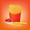 Fried fries, tomato sauce in a white cup, fast food.