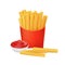 Fried fries, tomato sauce in white cup, fast food.