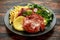 Fried Gammon steak with pineapple, french fries and vegetables