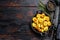 Fried gnocchi potato pasta. Black wooden background. Top view. Copy space