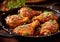 Fried grilled hot and spicy chicken legs in deep pand.Macro.AI Generative